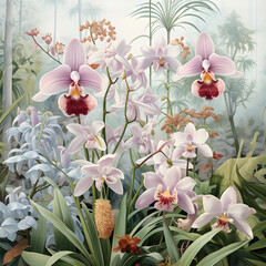 Obraz premium Beautiful realistic watercolor orchid garden background , detailed close up digital botanical watercolor illustration of pink orchids growing in orangerie.
