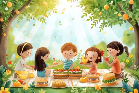 Vibrant, colorful scene of a picnic in park, kids enjoying variety of healthy snacks. Cut fruits, whole grain sandwiches, veggie sticks with hummus. Children are depicted laughing and sharing food