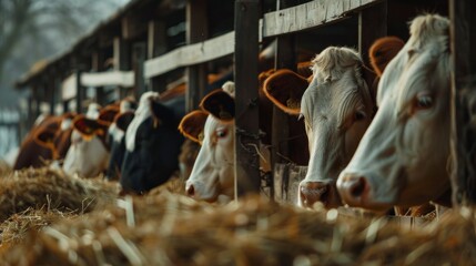 cows inside a barn eating grass and hay - obrazy, fototapety, plakaty