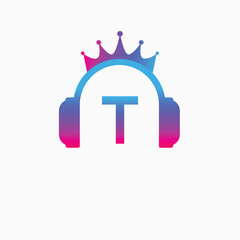 Initial Letter T Music Logo, Music Logo Crown Headphone Symbol Logo Icon Vector Template