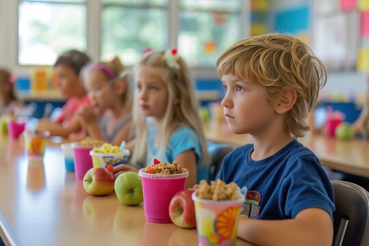 Kids in classroom with colorful cups of healthy snacks and fresh fruit.