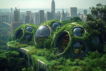 Visionary eco-domes amidst urban skyline, integrating nature with futuristic living