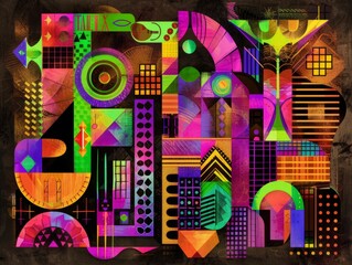 A digital art collage of various geometric patterns and shapes, arranged in an abstract composition on a dark brown background of glitchpunk aesthetics Generative AI