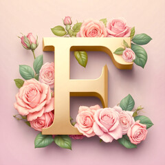 A floral letter “F” with roses and leaves, soft pink background