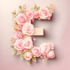 A floral letter “E” with roses and leaves, soft pink background