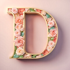 A floral letter “D” with roses and leaves, soft pink background