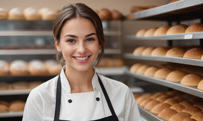 Beautiful young female baker standing in a bakery and smiling at the camera