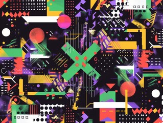 abstract pattern with shapes and lines in the style of glitch art, with different colors and textures various geometric patterns such as circles, squares, triangles, stripes, dots, waves Generative AI