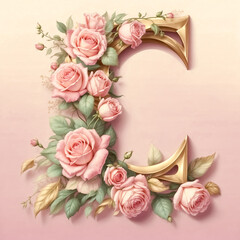 A floral letter “C” with roses and leaves, soft pink background