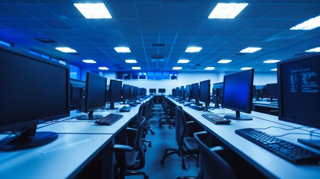 An image showcasing a computer lab with rows of computers neatly placed
