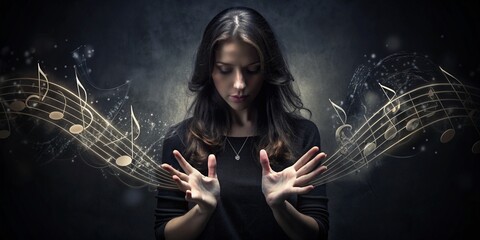 Abstract Woman Hands Playing Music Notes on Dark Background