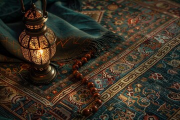 A crescent moon symbol prayer beads and a single lit lantern adorn a richly textured Persian carpet signaling the beginning of Ramadan