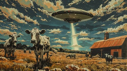 UFOs steal cows, old comic book style - obrazy, fototapety, plakaty