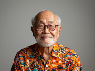 portrait of smiling senior asian man wearing eyeglasses on a solid gray background