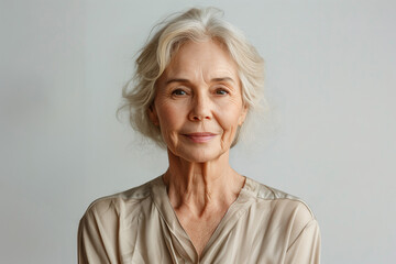 portrait of happy senior woman on a solid gray background