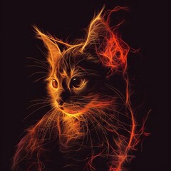 A kitten outlined by a delicate fiery outline, its curious eyes bright against the dark, symbolizing curiosity and playfulness