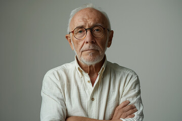 portrait of senior man wearing eyeglasses on a solid gray background - obrazy, fototapety, plakaty