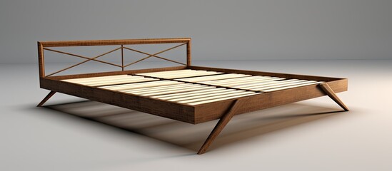 A detailed view of a bed featuring a wooden frame and a metal frame, showcasing their texture and design