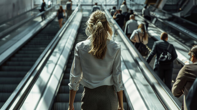 Corporate woman from back wearing miniskirt on escalator crowded with people on the way to work.