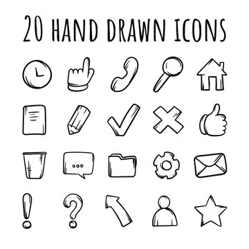 Set of 20 social vector, hand drawn, doodle icons for communication, business, website and design