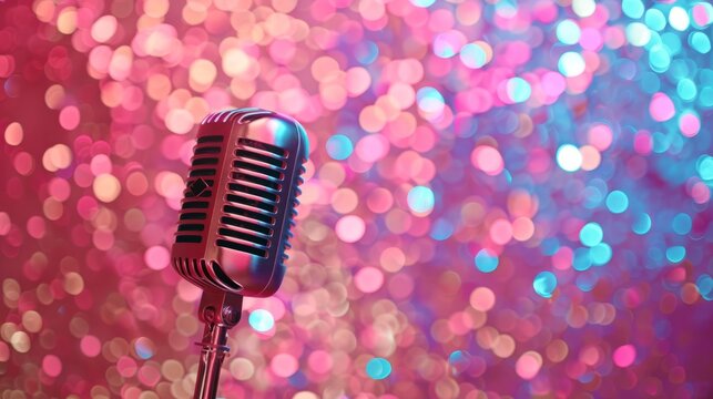 Eurovision microphone with sequin-covered backdrop capturing the glamour and anticipation of the renowned song contest