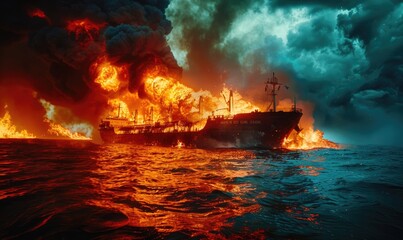 A burning oil tanker in the ocean - obrazy, fototapety, plakaty
