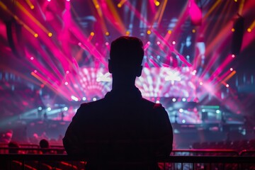 Excited performer backstage gazing at the vibrant Eurovision stage encapsulating the anticipation and glamour of the event