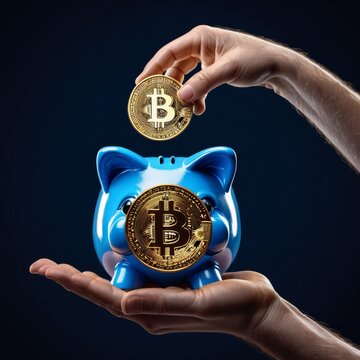 A hand drops a Bitcoin into a blue piggy bank, evoking the idea of saving cryptocurrency for future financial security. The concept marries traditional saving methods with the modern digital currency