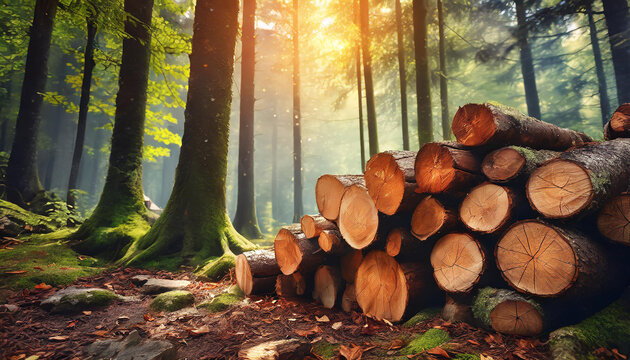 Close-up of firewood, wood logs in forest. Beautiful nature.