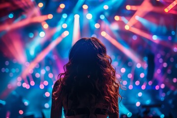 Excited performer backstage gazing at the vibrant Eurovision stage encapsulating the anticipation and glamour of the event