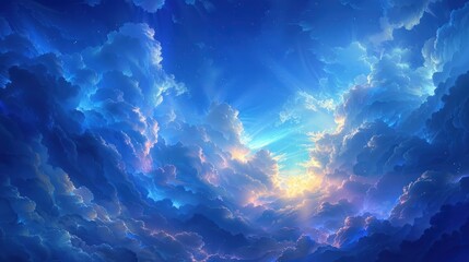 Fototapeta na wymiar Blue sky with many abstract mesmerizing clouds with penetrating rays of sunlight. Abstract futuristic landscape of colorful clouds and dreams