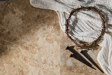 Easter background. Crown Of Thorns with white shroud. Crucifixion Of Jesus Christ