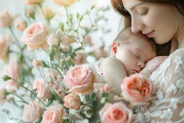 Mother tenderly cradling newborn with soft pink roses in the foreground background with empty space for text