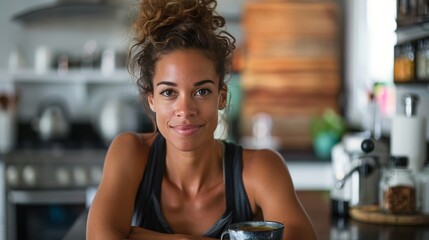 Fototapeta premium athletic woman in stylish activewear, in her kitchen with a cup of coffee, copy space