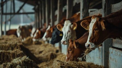 Cows inside a barn with their heads out eating hay on a farm in high resolution and high quality. farm concept, animals, cows, hay, pasture - obrazy, fototapety, plakaty