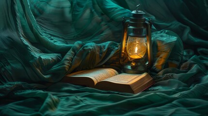 Softly lit solitary Ramadan lantern gleams silhouetting a carefully placed open Quran on an elegantly draped emerald-green cloth