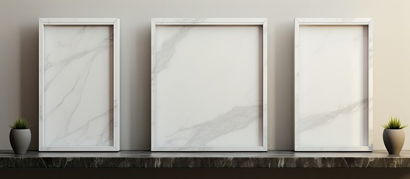Three rectangular picture frames in varying shades of grey are displayed on a marble shelf. The frames are made of wood, glass, and metal