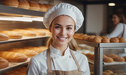 Beautiful young female baker standing in a bakery and smiling at the camera