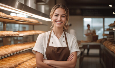 Beautiful young female baker standing in a bakery and smiling at the camera