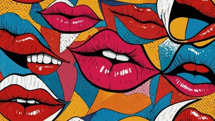 Design a gothic-themed vector illustration set featuring sexy female lips with dark-colored lipstick. Create a seamless pattern showcasing a collection of gestures expressing various emotions, adding  - obrazy, fototapety, plakaty
