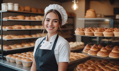 Beautiful young female baker standing in a bakery and smiling at the camera