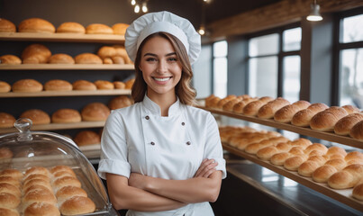 Beautiful young female baker standing in a bakery and smiling at the camera