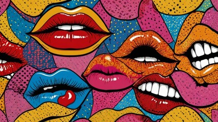Design a gothic-themed vector illustration set featuring sexy female lips with dark-colored lipstick. Create a seamless pattern showcasing a collection of gestures expressing various emotions, adding  - obrazy, fototapety, plakaty