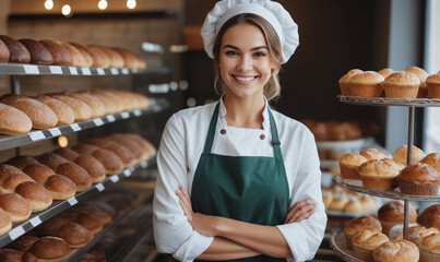 Beautiful young female baker standing in a bakery and smiling at the camera