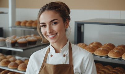 Beautiful young female baker standing in a bakery and smiling at the camera