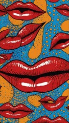 Design a gothic-themed vector illustration set featuring sexy female lips with dark-colored lipstick. Create a seamless pattern showcasing a collection of gestures expressing various emotions, adding 