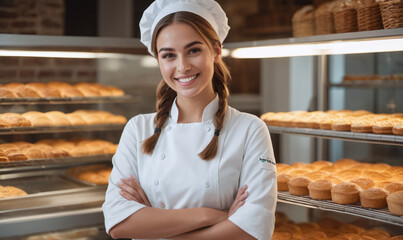 Beautiful young female baker standing in a bakery and smiling at the camera