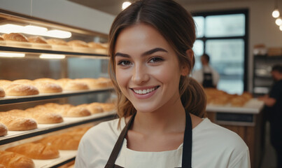 Beautiful young female baker standing in a bakery and smiling at the camera