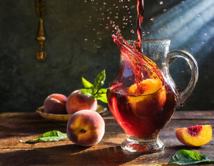 Splash of a peach in a jug of red wine, on brown wooden table; dark background; direc sun - 765201176