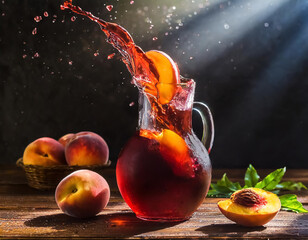 Splash of a peach in a jug of red wine, on brown wooden table; dark background; direc sun - 765201183